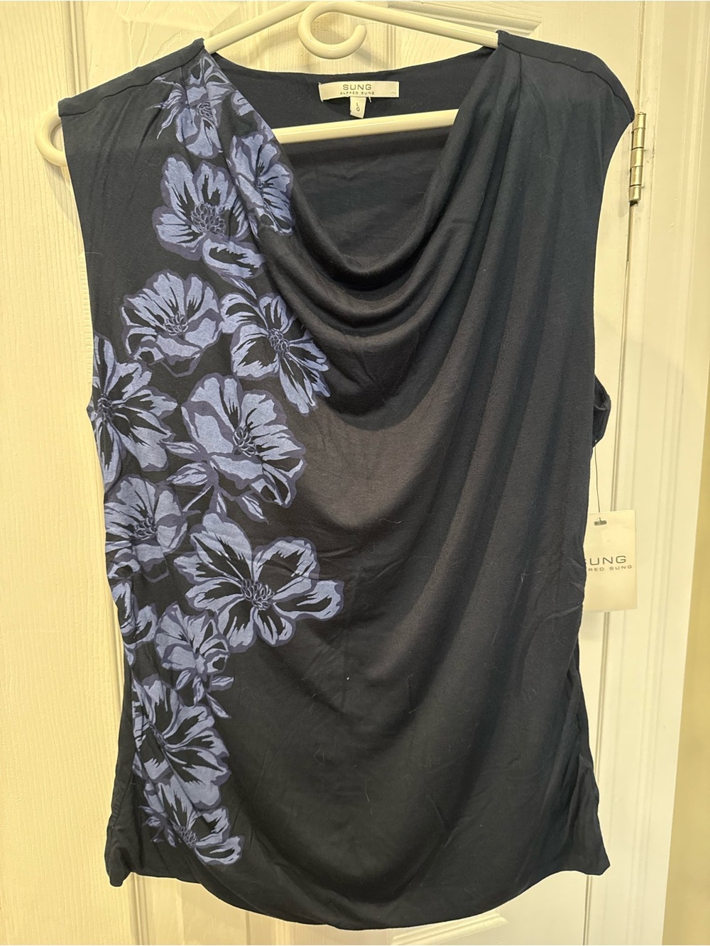 ALFRED SUNG navy Tank Top with Blue Floral Print and Draped Neck